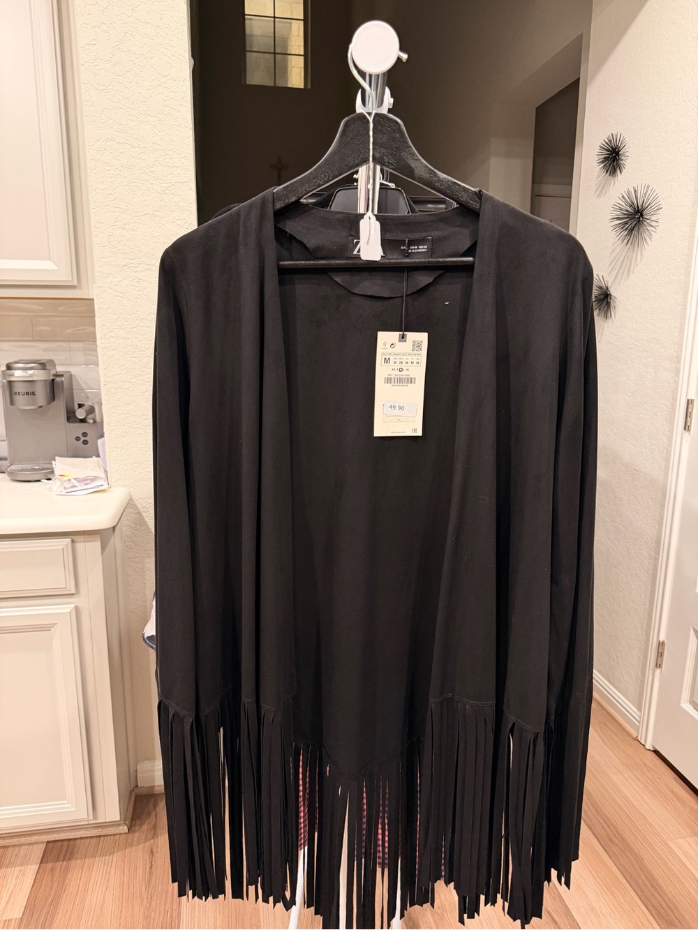 Zara Black Fringe Open-Front Leather Jacket